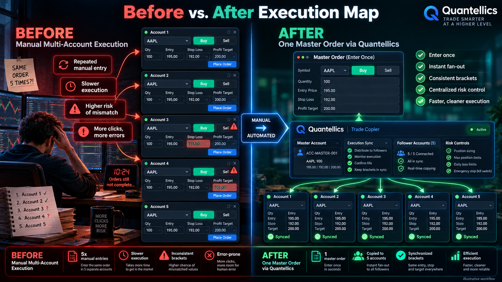 Quantellics Trade Copier before and after infographic