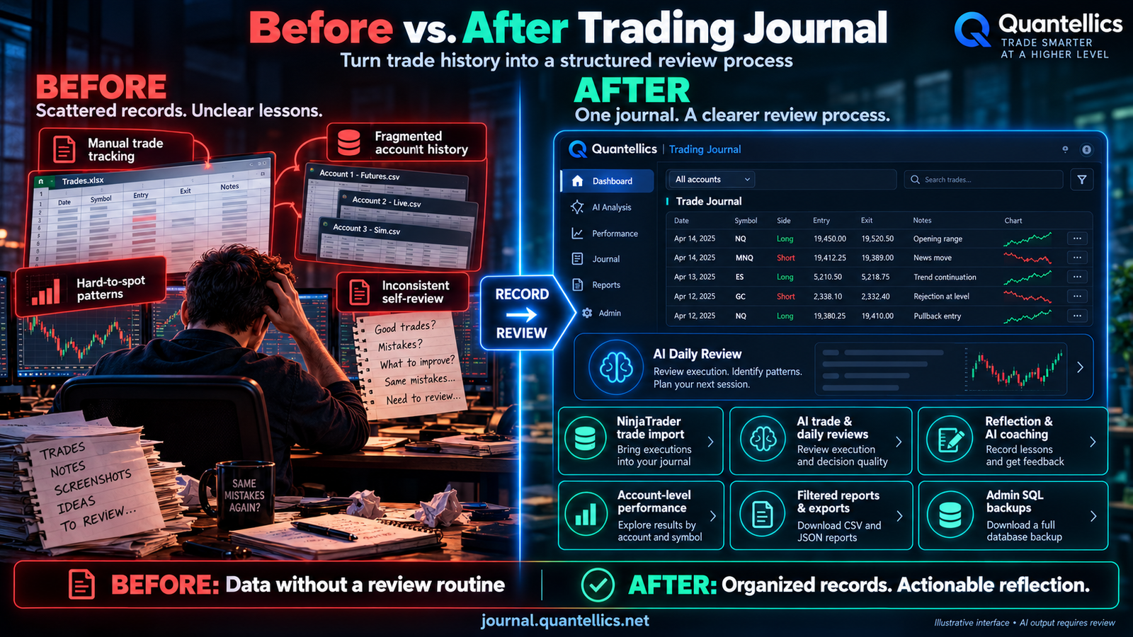 Quantellics AI Trading Journal before and after infographic