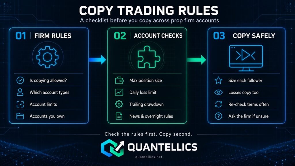 Prop firm copy trading rules checklist: firm rules, account checks, then copy safely