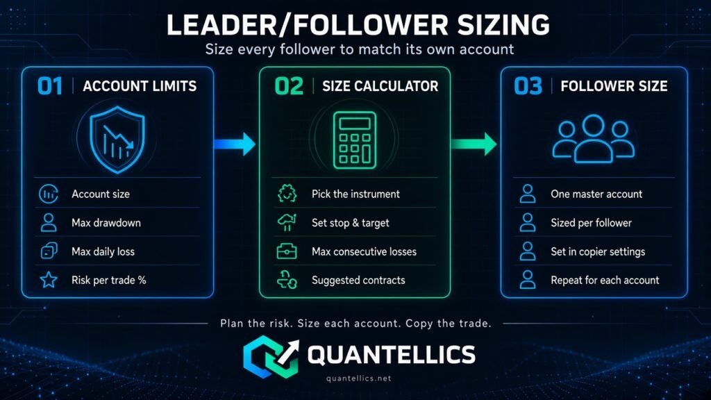 Leader/follower sizing diagram: account limits to the position size calculator to a contract size per follower account