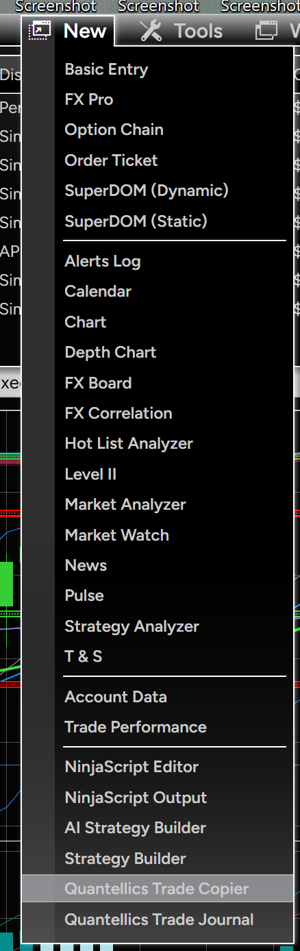 NinjaTrader 8 Control Center New menu listing Quantellics Trade Copier and Quantellics Trade Journal