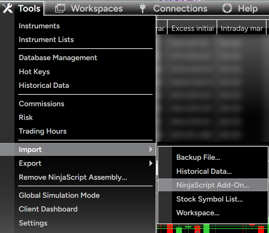 NinjaTrader 8 Control Center Tools menu with Import and NinjaScript Add-On highlighted