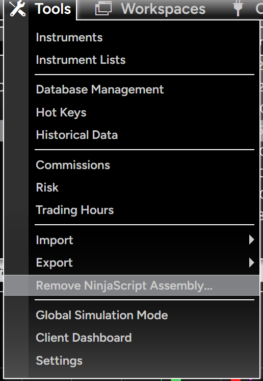 NinjaTrader 8 Tools menu with Remove NinjaScript Assembly highlighted