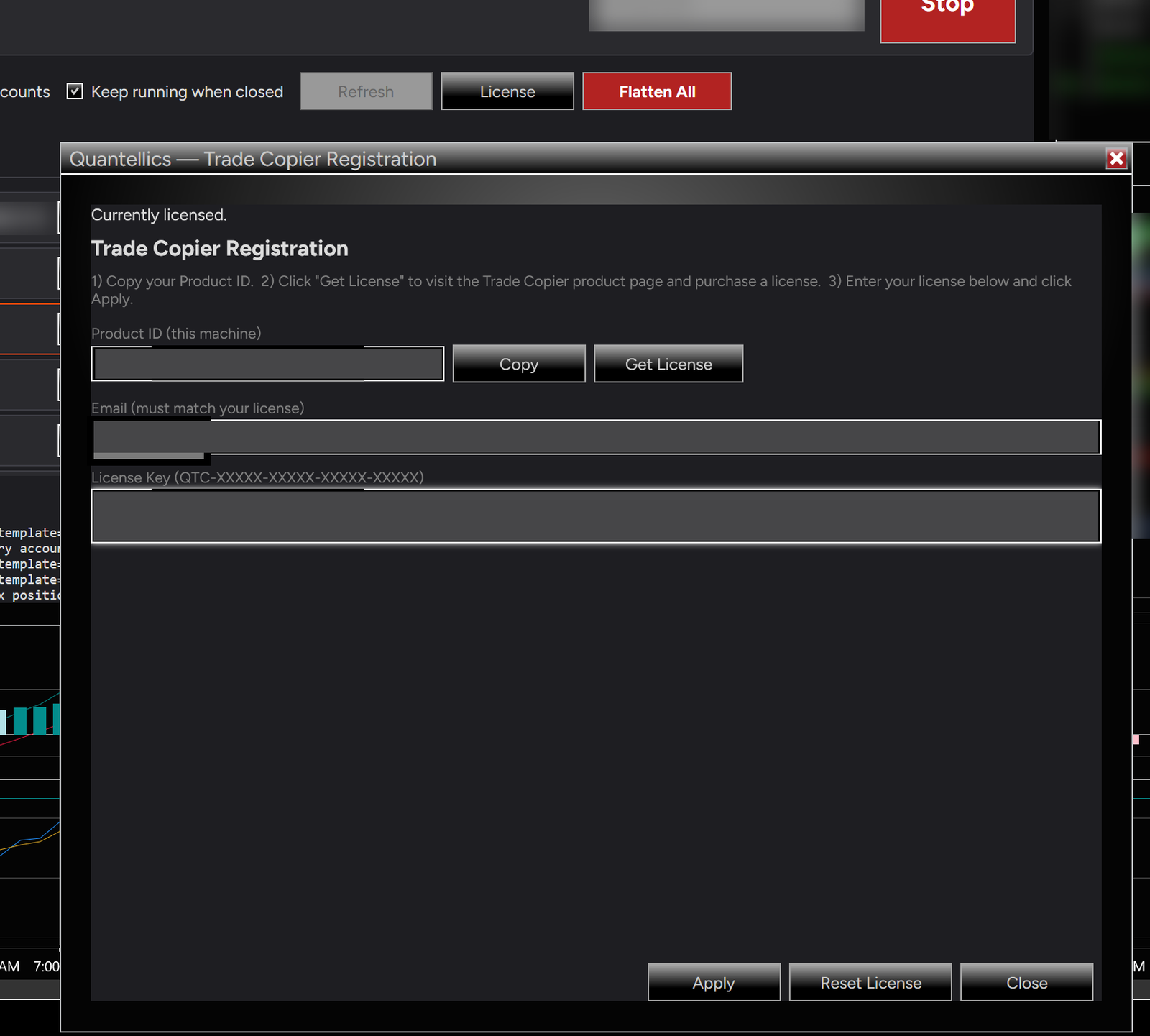 Quantellics Trade Copier Registration dialog with Product ID, Email and License Key fields
